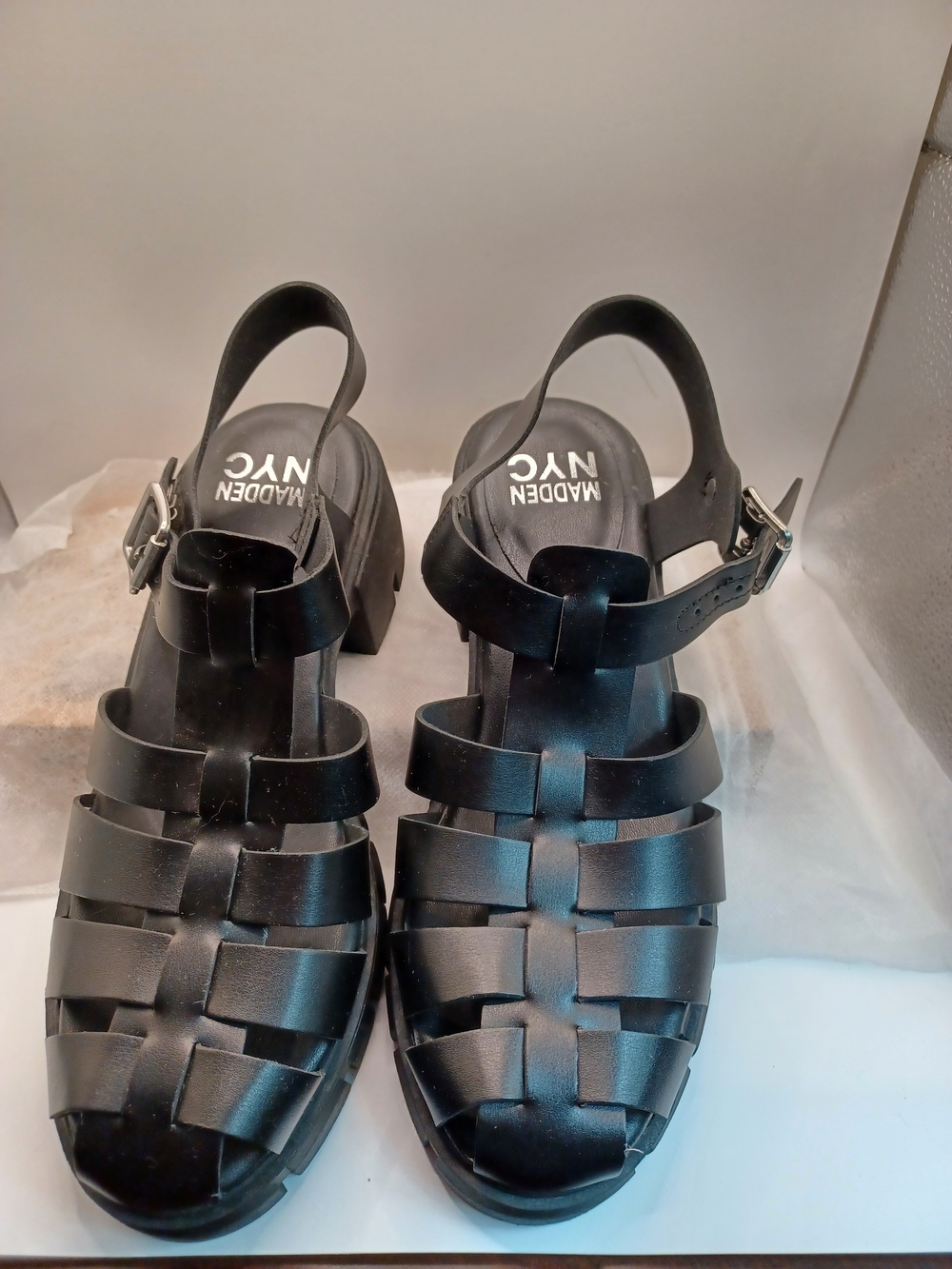 Madden NYC Women's Black Woven Strap Block Heel Sandals